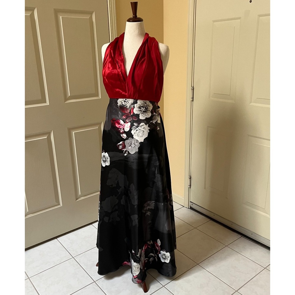 Cool de Sac Sicily Floral Halter Maxi Dress Red Black Satin Evening Gown Formal